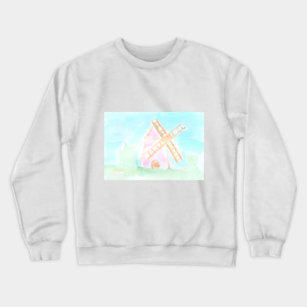 mill, landscape, architecture, village, rural landscape, harvest, summer, bread, watercolor, watercolour, hand drawn, drawing, illustration, Crewneck Sweatshirt by grafinya